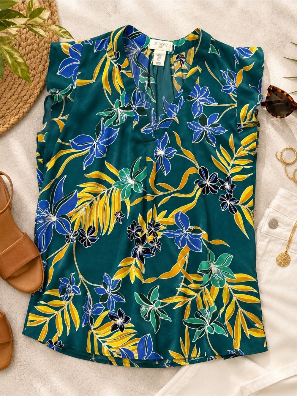 St. Tropez Teal Floral Print Sleeveless Top